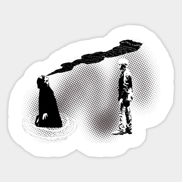 Exorcising Demons - Black and White Sticker by janeysf03